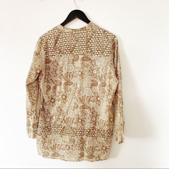 Request Gold Beige Tans Gold Sequin Floral Print Button Down Tunic Blouse - Picture 2 of 6